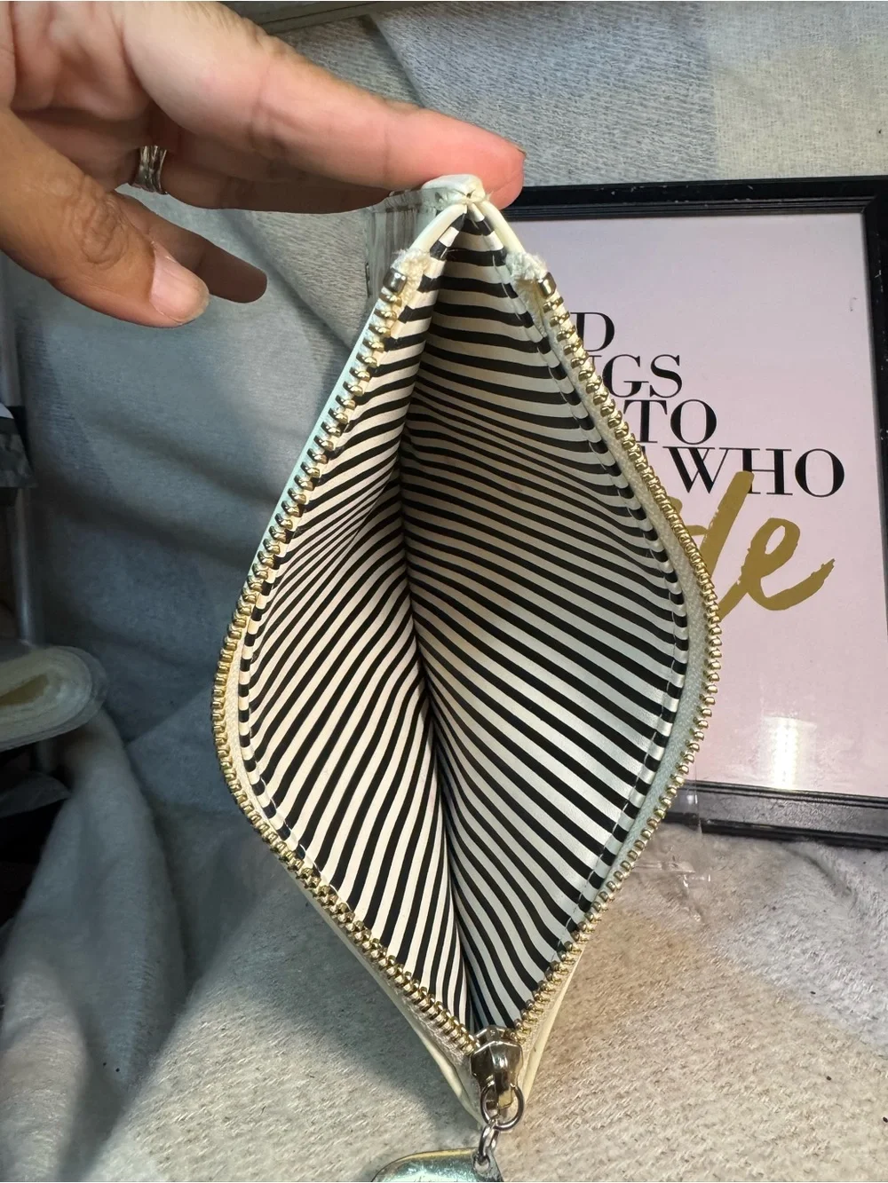 kate spade cream clutch with metallic gold polka dots